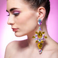 Large Yellow Dress Earrings | Choose Clip On Also Available | Crystal Costume Jewellery | Yellow Dress Earrings | Drag Queen Gold Earrings