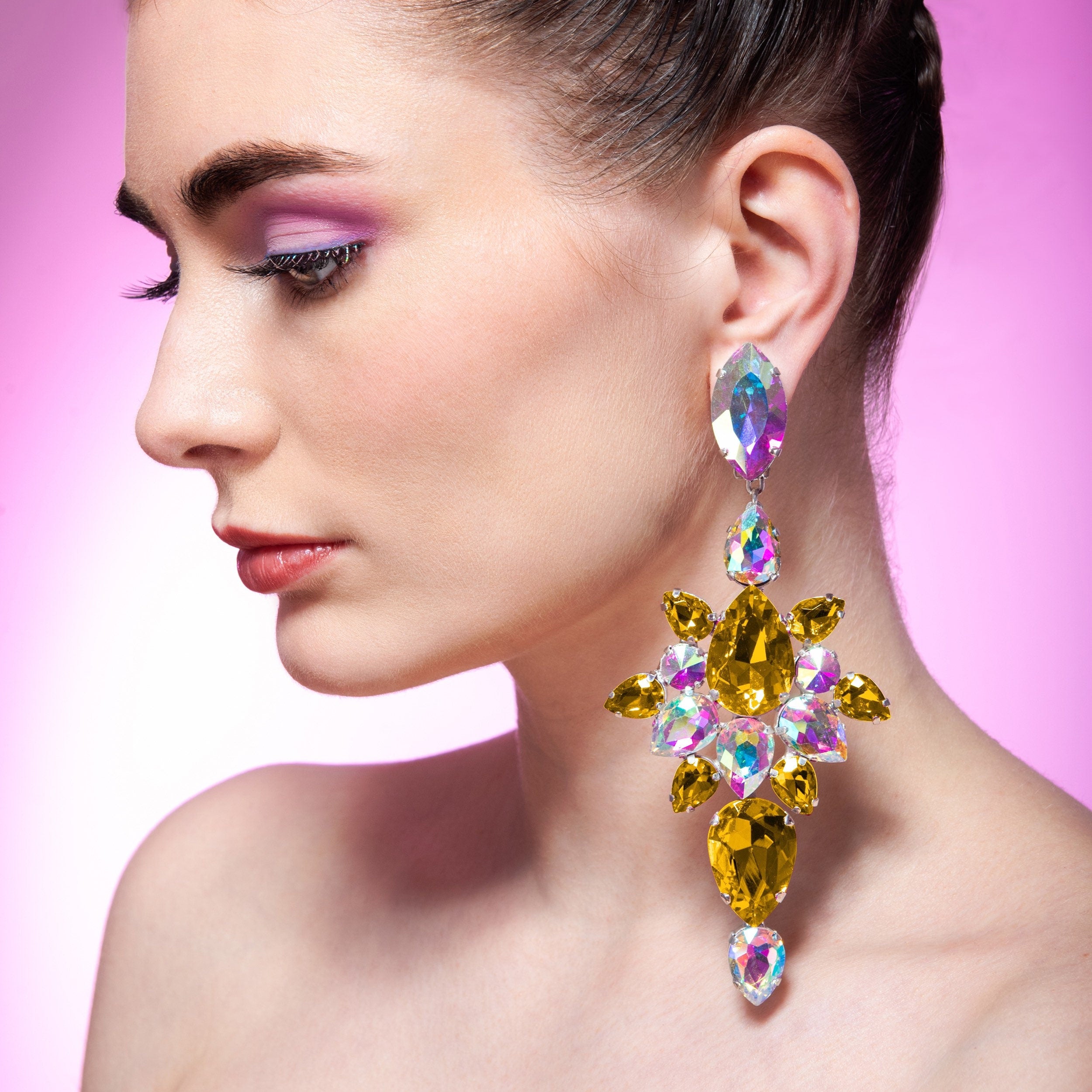Large Yellow Dress Earrings | Choose Clip On Also Available | Crystal Costume Jewellery | Yellow Dress Earrings | Drag Queen Gold Earrings
