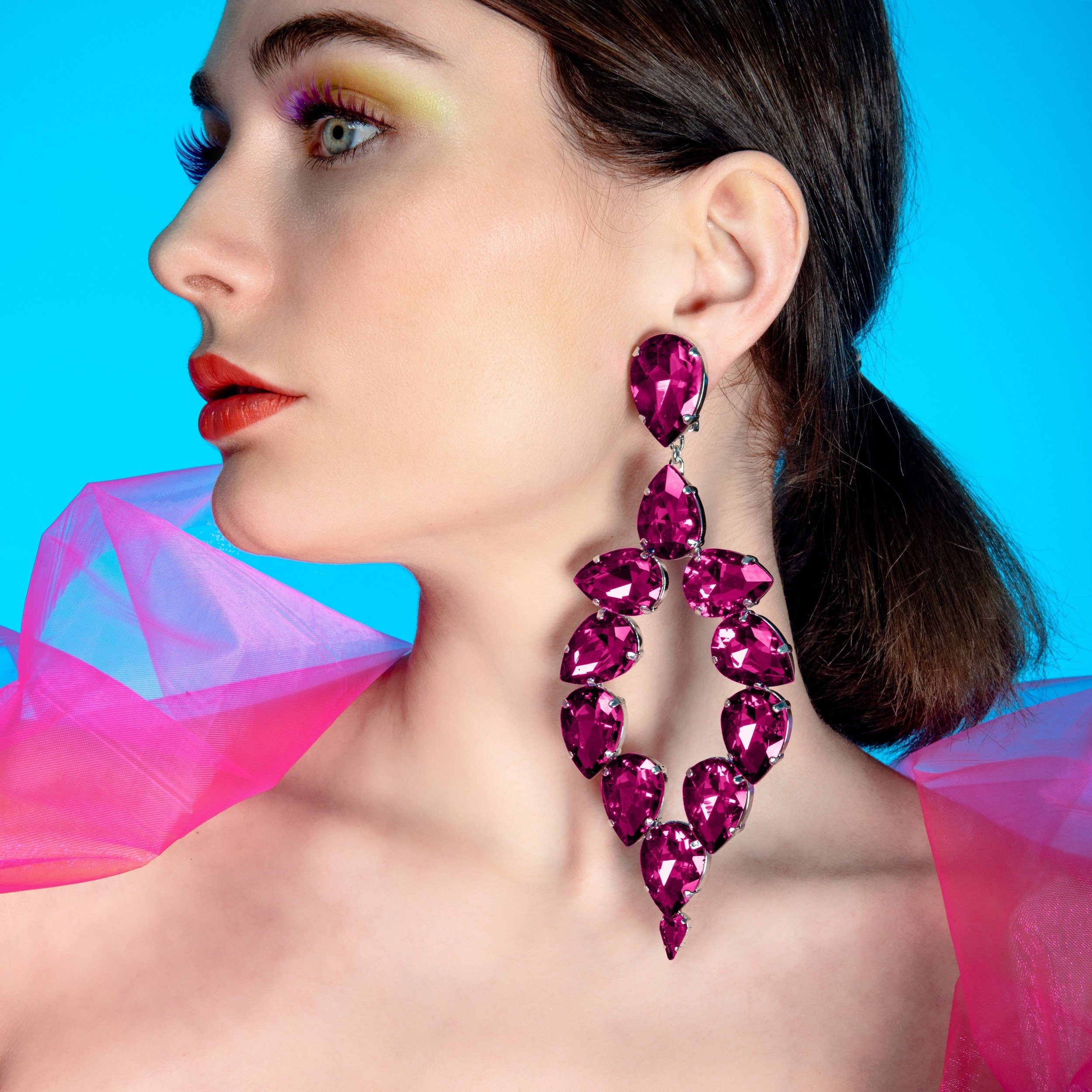 Dramatic Fuchsia Pink Dress Earrings With Austrian Crystal