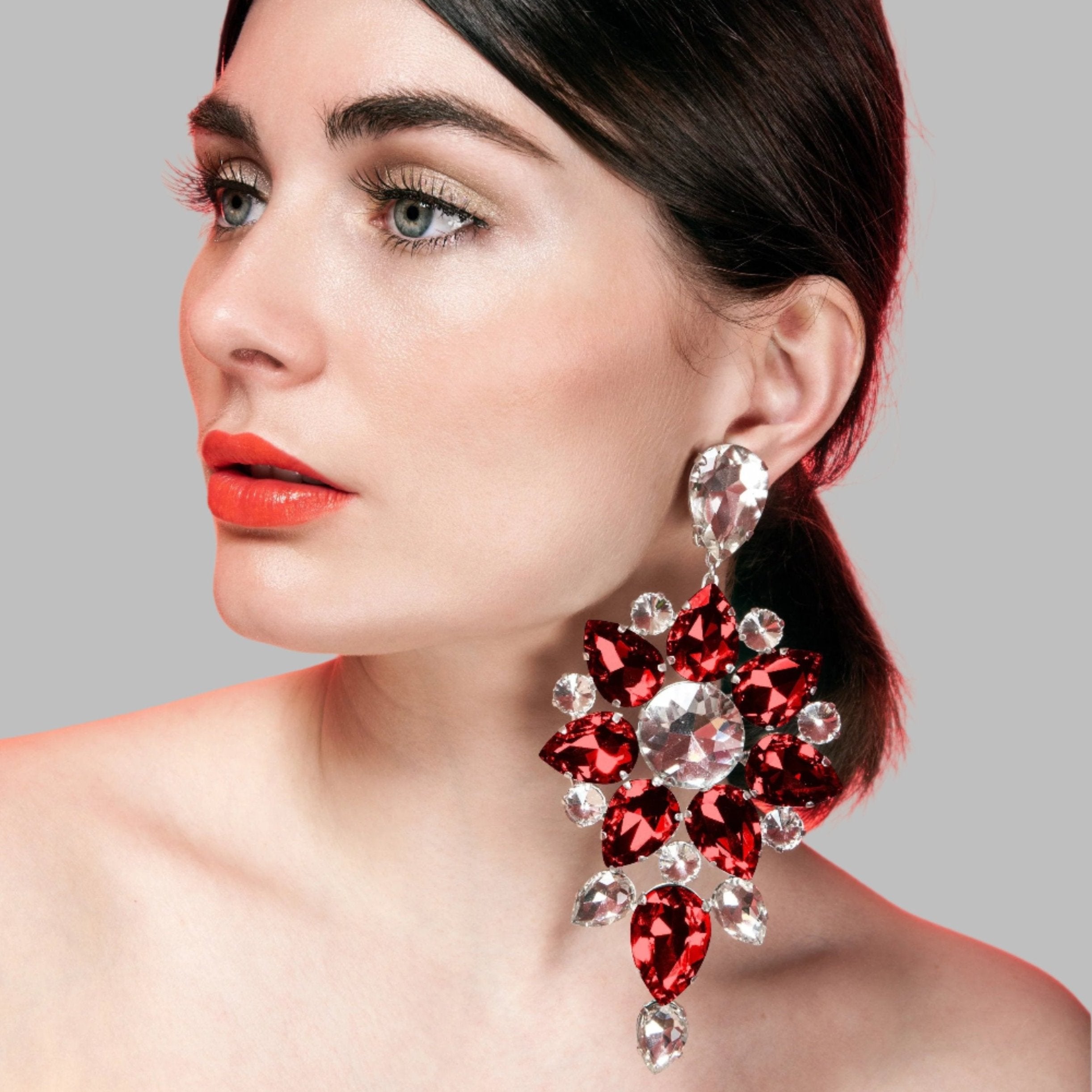 Dramatic Bling Red Crystal Earrings | Choose Clip On Also Available | Crystal Costume Jewellery | Red Dress Earrings