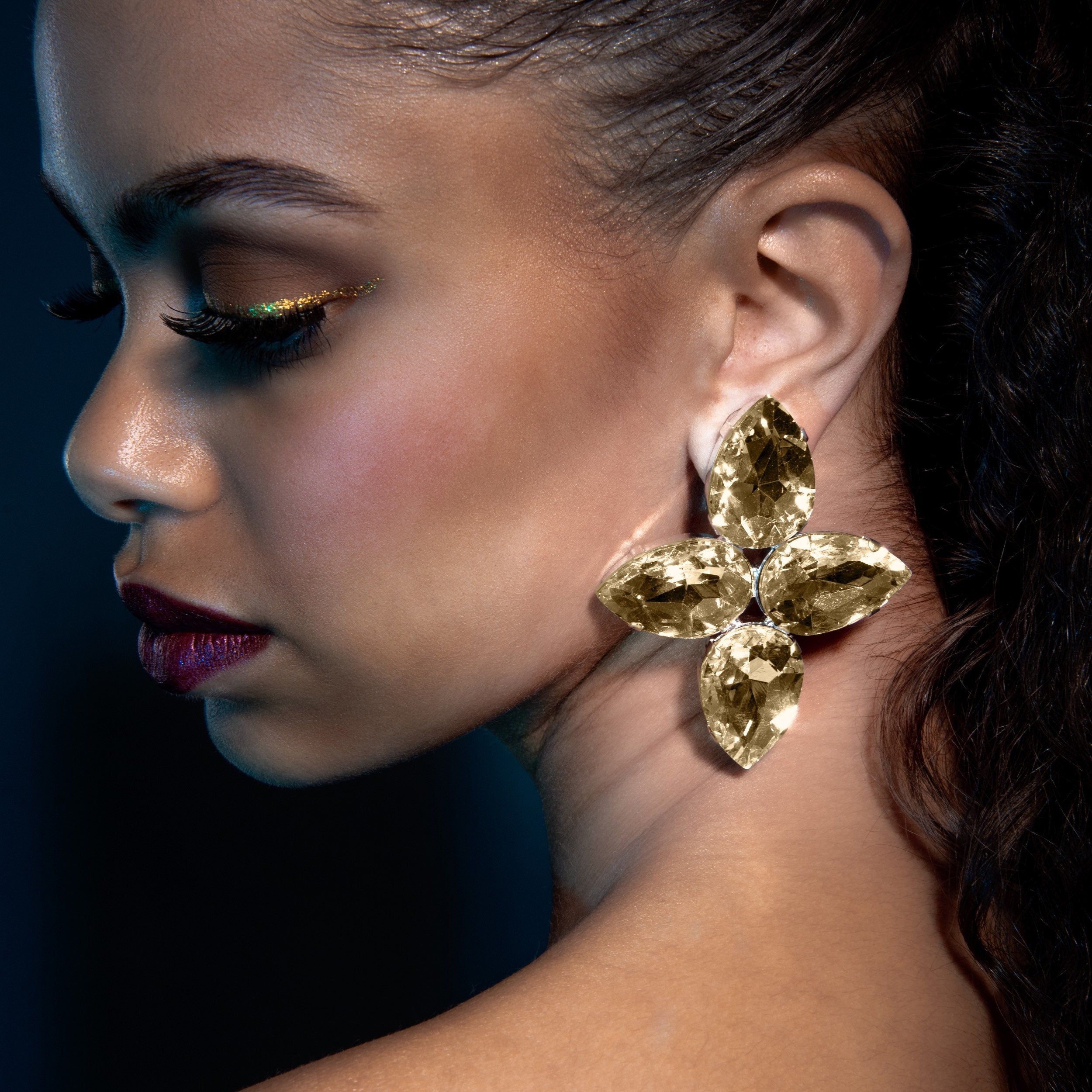 Golden Shadow Oversized Button Earrings With Austrian Crystal