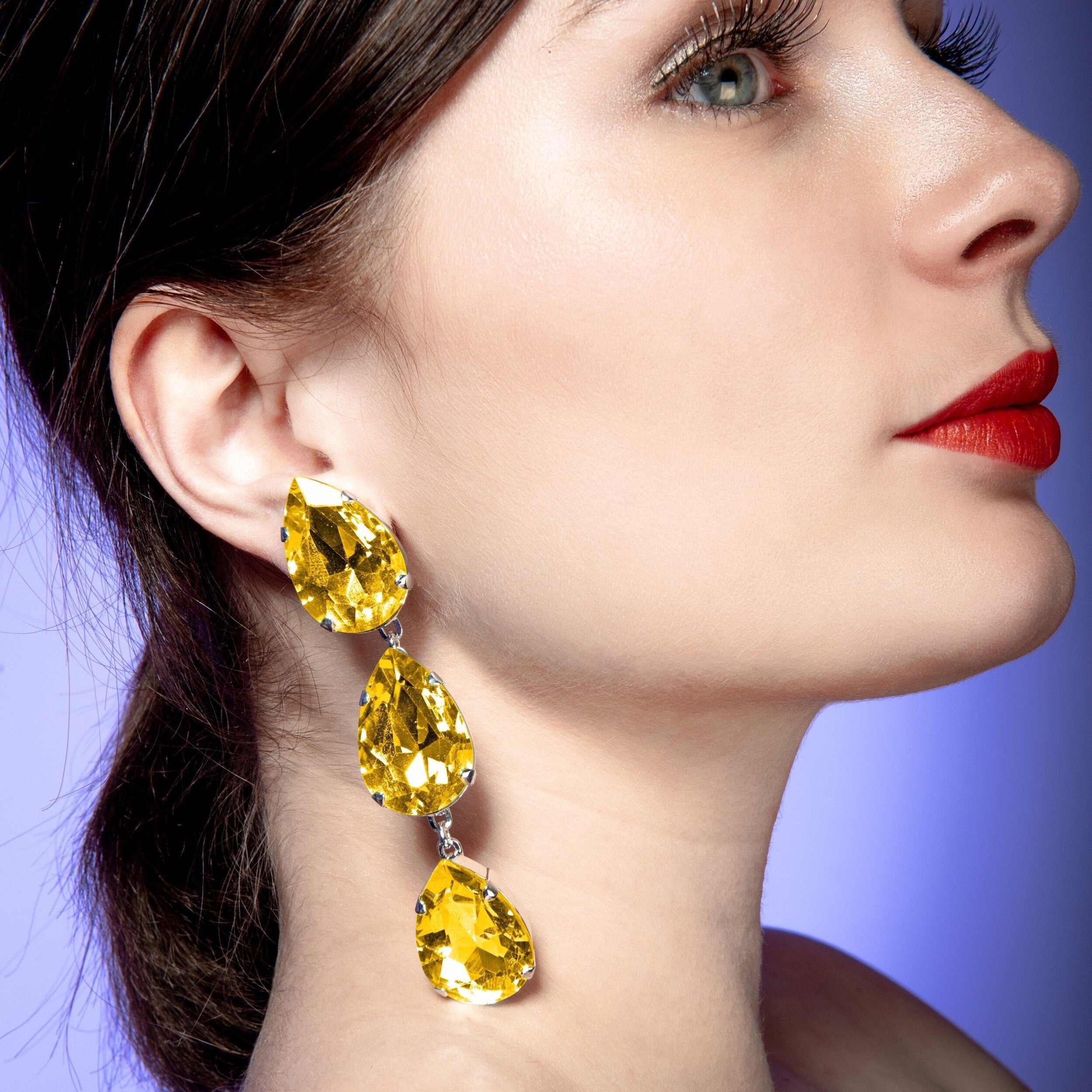 Yellow Teardrop Crystal Earrings | Golden Yellow Drag Queen Statement Earrings | Oversized Dropper Earrings | Clip On or Piercer Available