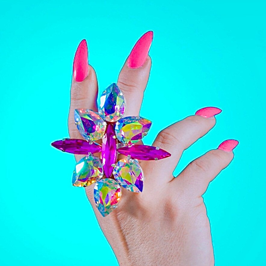 Pink & Rainbow Cluster Ring | Oversized Adjustable Ring | Imitation Jewels Faux Diamond | Drag Queen Jewellery