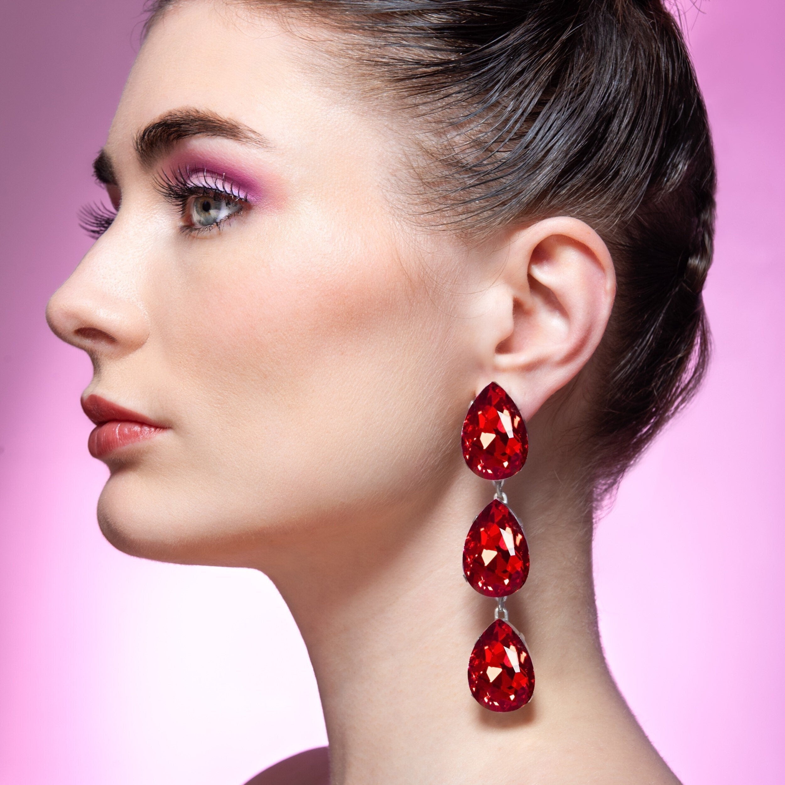 Ruby Red Triple Teardrop Luxury Earrings With Austrian Crystal