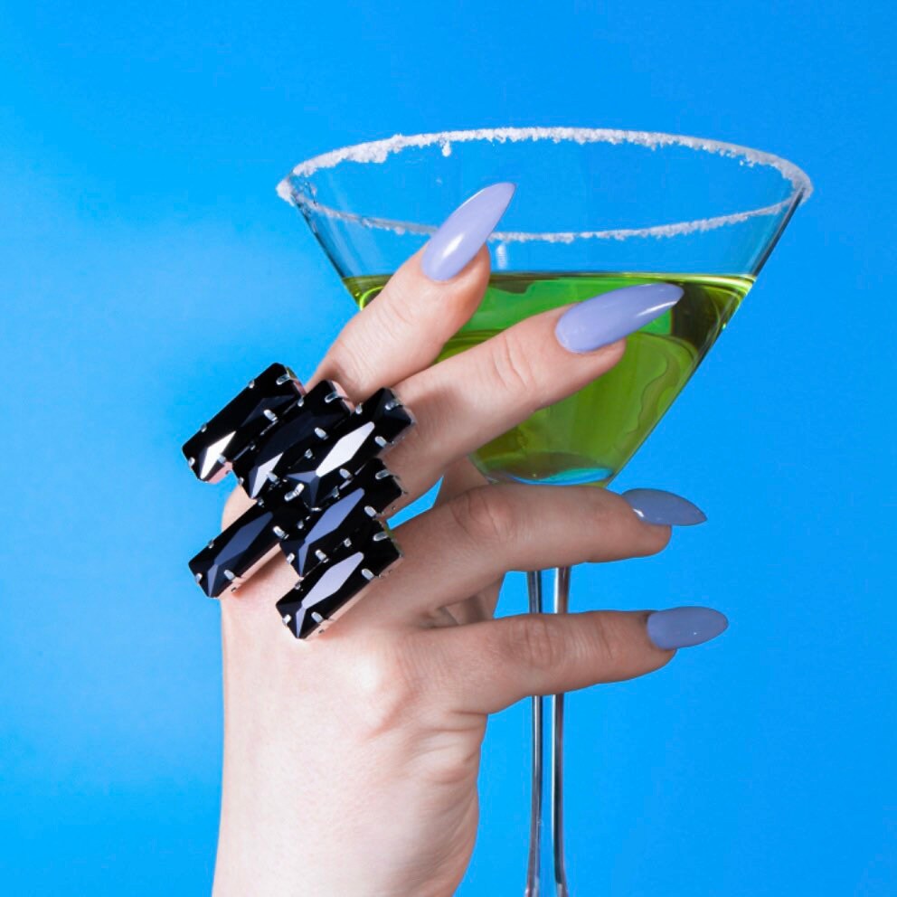 Black Art Deco Style Ring | Oversized Adjustable Ring In Black | Imitation Jewels Faux Diamond | Drag Queen Jewels In Black Stone