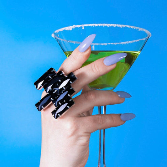 Black Art Deco Style Ring | Oversized Adjustable Ring In Black | Imitation Jewels Faux Diamond | Drag Queen Jewels In Black Stone