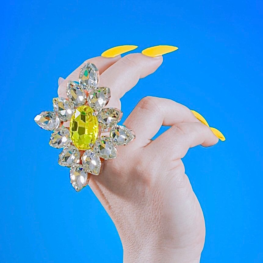 Yellow Drag Dramatic Ring | Oversized Adjustable Ring in Clear & Citrine | Imitation Jewels Faux Diamond | Drag Queen Jewels