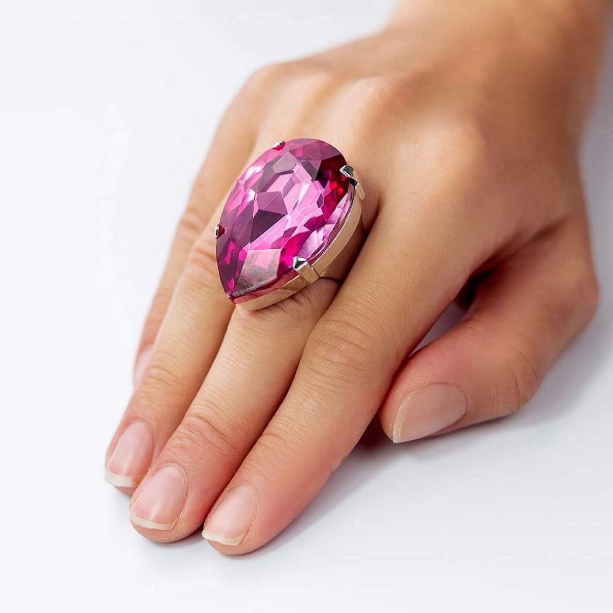 Oversized Rose Pink Teardrop Ring | Free-size Adjustable  | Imitation Jewels Dress Diamond | Extra Large Design | Large Ring