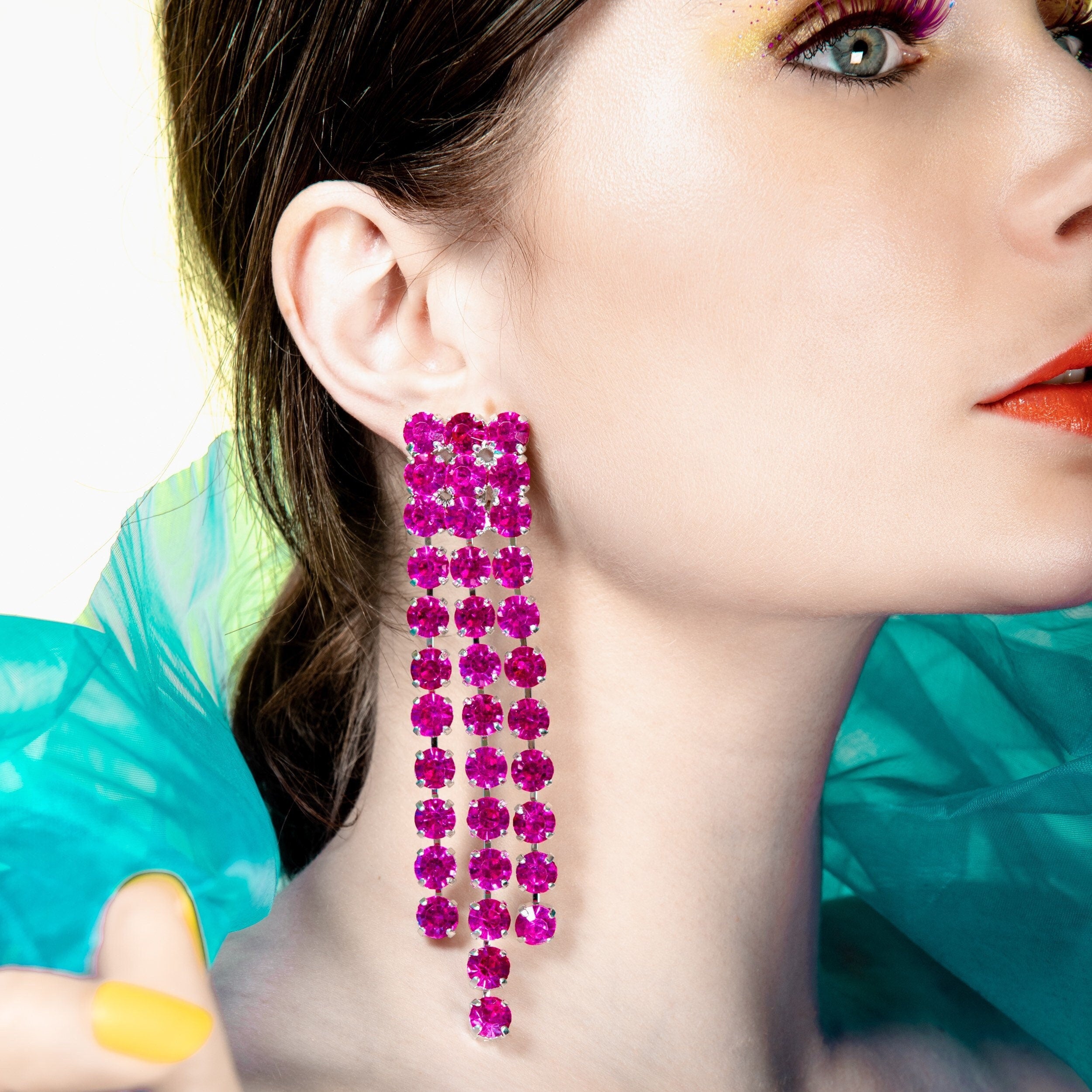 Hot Pink Multi-strand Waterfall Earrings With Austrian Crystal