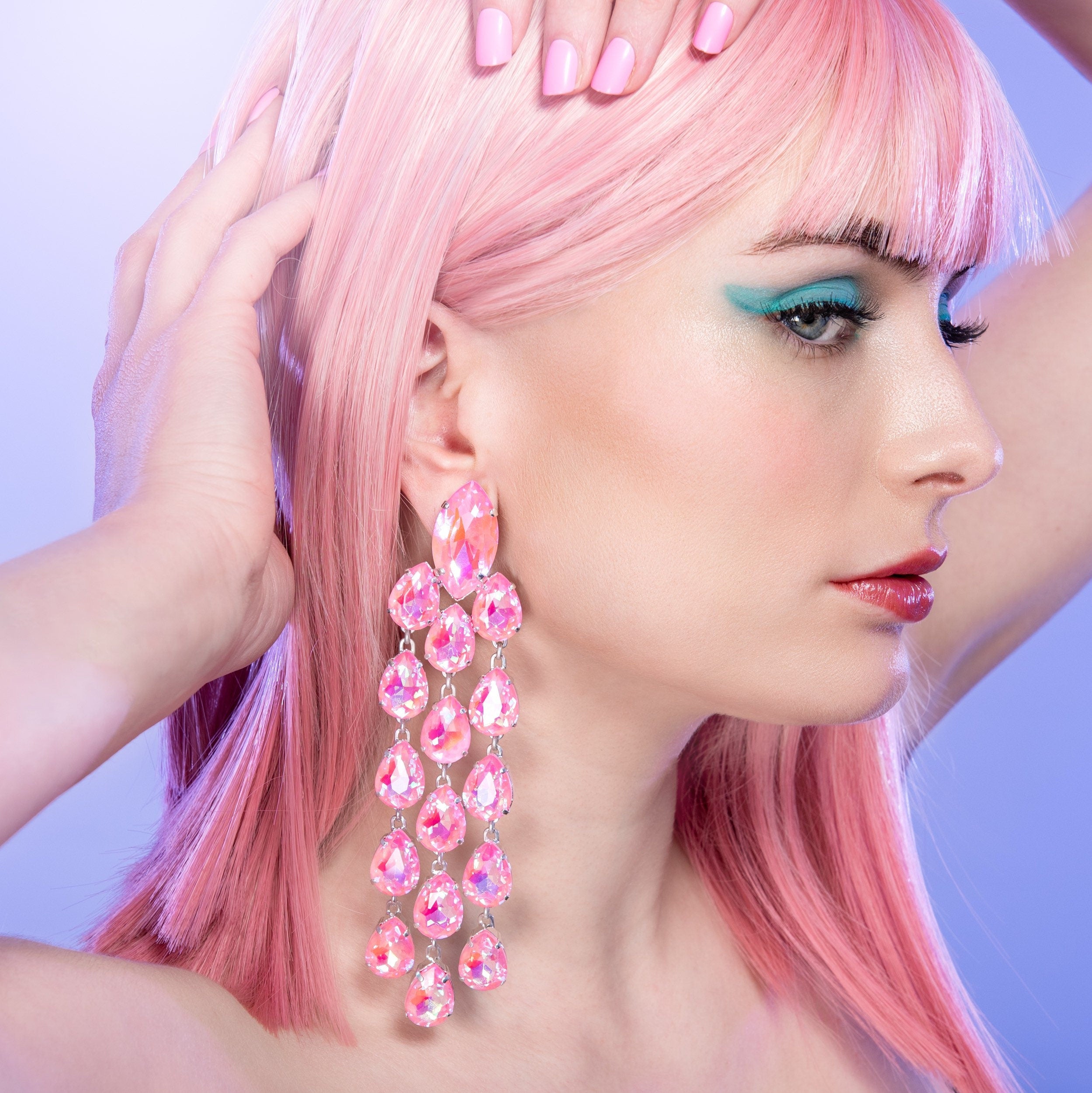 Pastel Pink Austrian Crystal Waterfall Earrings | Clip On Or Pierced Available  | Large Pink Costume Earrings | Drag Queen Jewellery