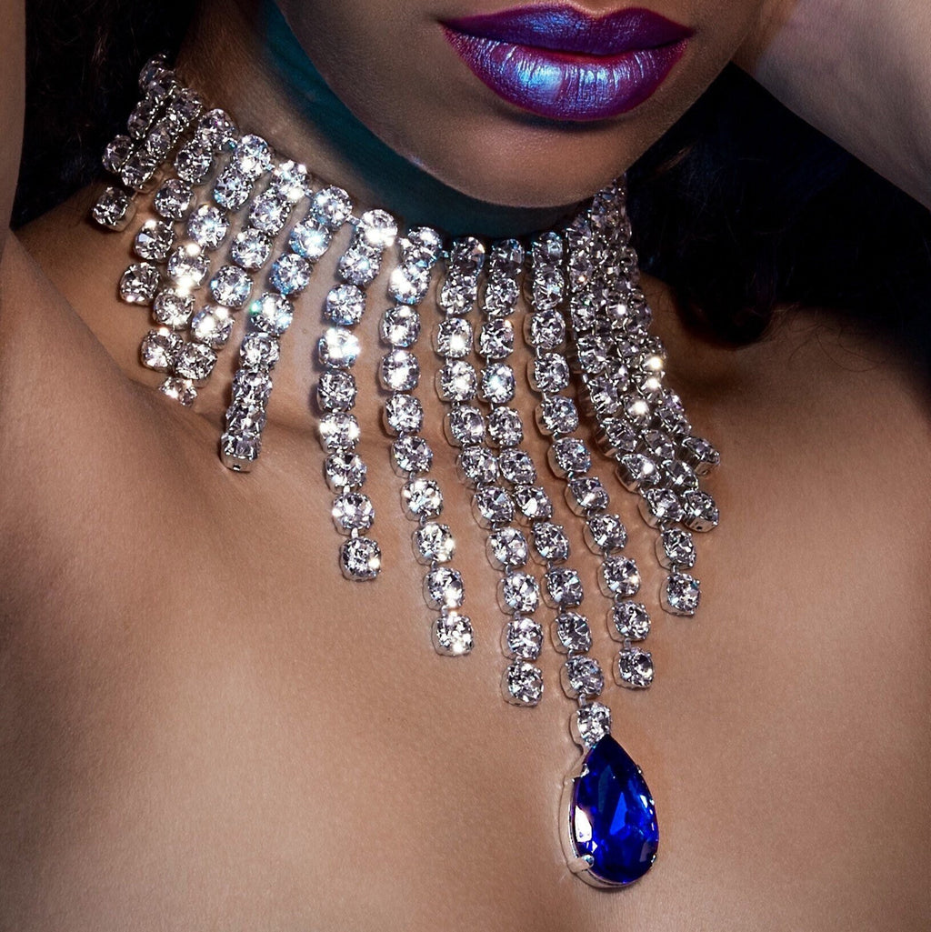 Raindrops Clear & Sapphire Crystal Waterfall Necklace