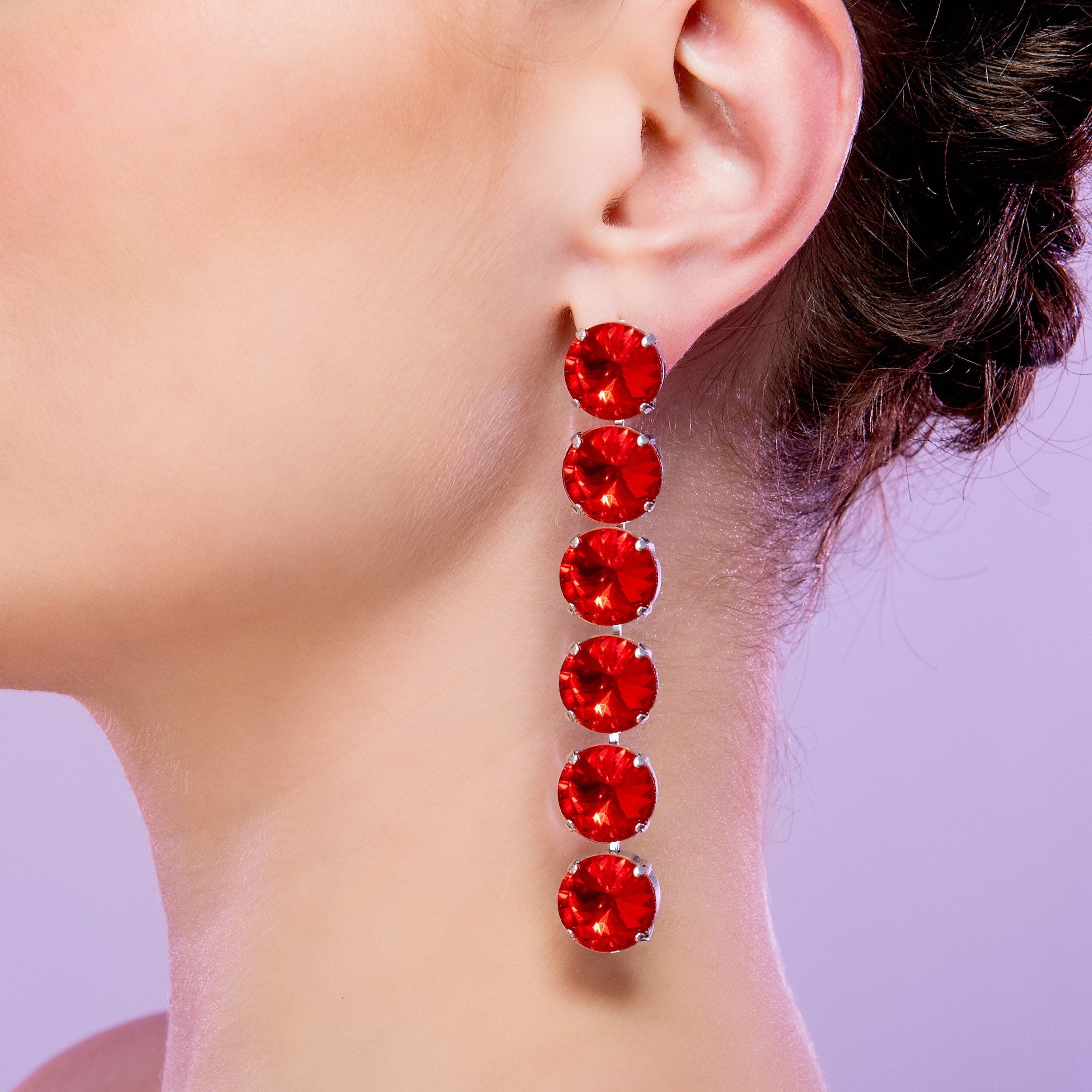 Red Austrian Crystal Earrings | Siam Red Dropper Earrings With Clip On or Pierced Option | Red Crystal Costume Jewellery Faux Diamond