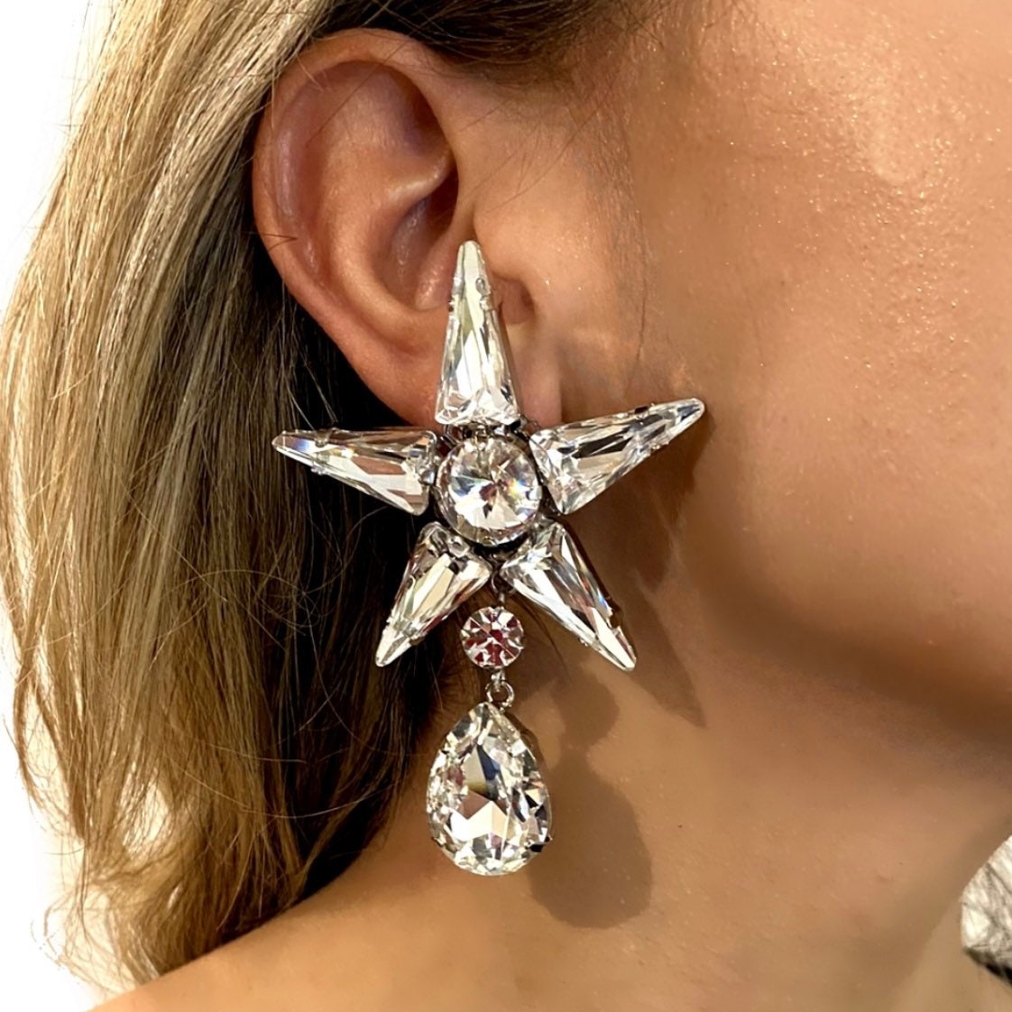 Large Star Austrian Crystal Earrings | Suspended Dangle Drop | Costume Jewellery Earrings | Evening Dress Earrings | Drag Queen Earrings