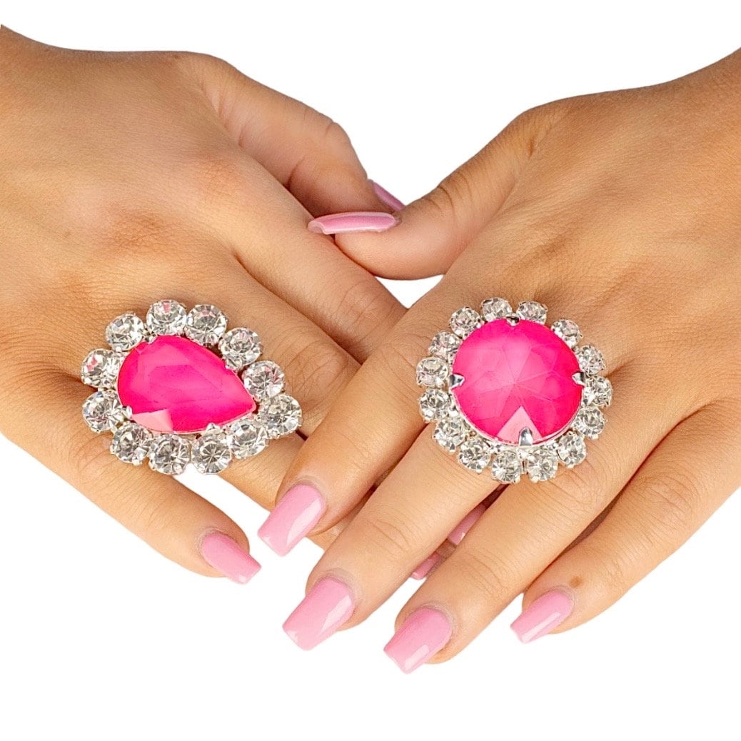 Neon Pink Faux Diamond Cocktail Ring | Austrian Crystal | Adjustable Band One Size Fits All | Imitation Diamond Statement Ring