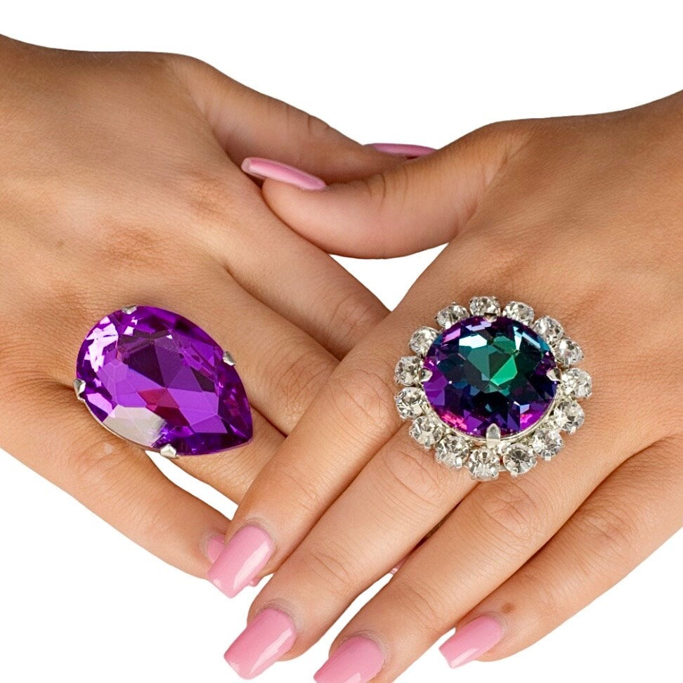 Purple Faux Diamond Cocktail Rings | Austrian Crystal | Adjustable Band One Size Fits All | Imitation Diamond Statement Ring