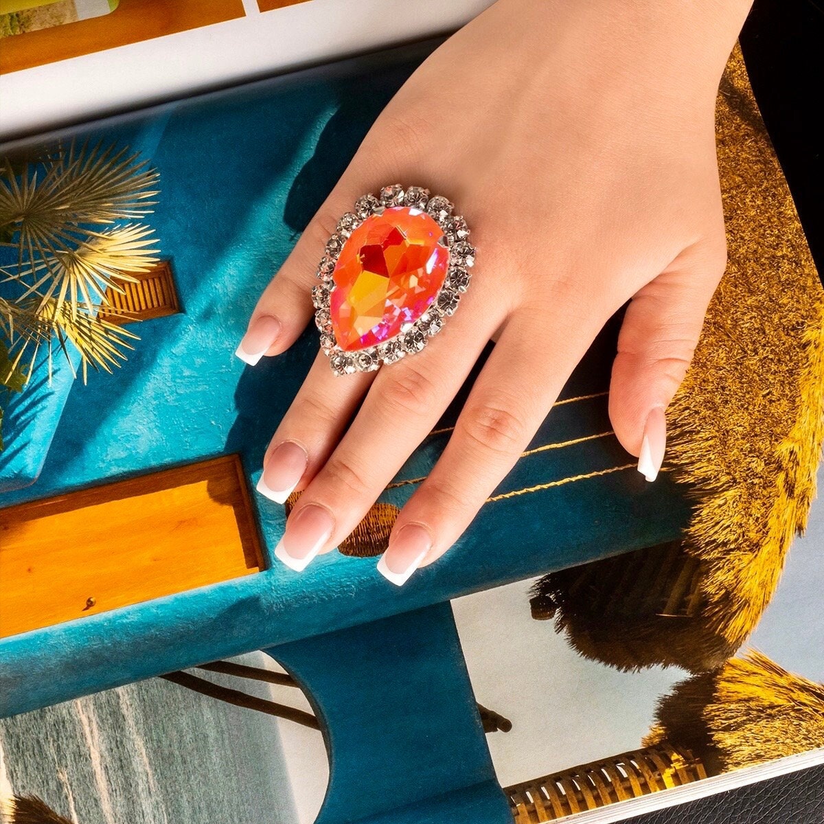 Coral Orange Faux Diamond Dress Ring | Adjustable Band Ring | Imitation Jewels Austrian Crystal | Dramatic Teardrop Crystal Ring