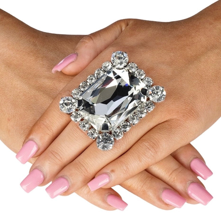 Dramatic Fake Diamond Crystal Ring with Austrian Crystal