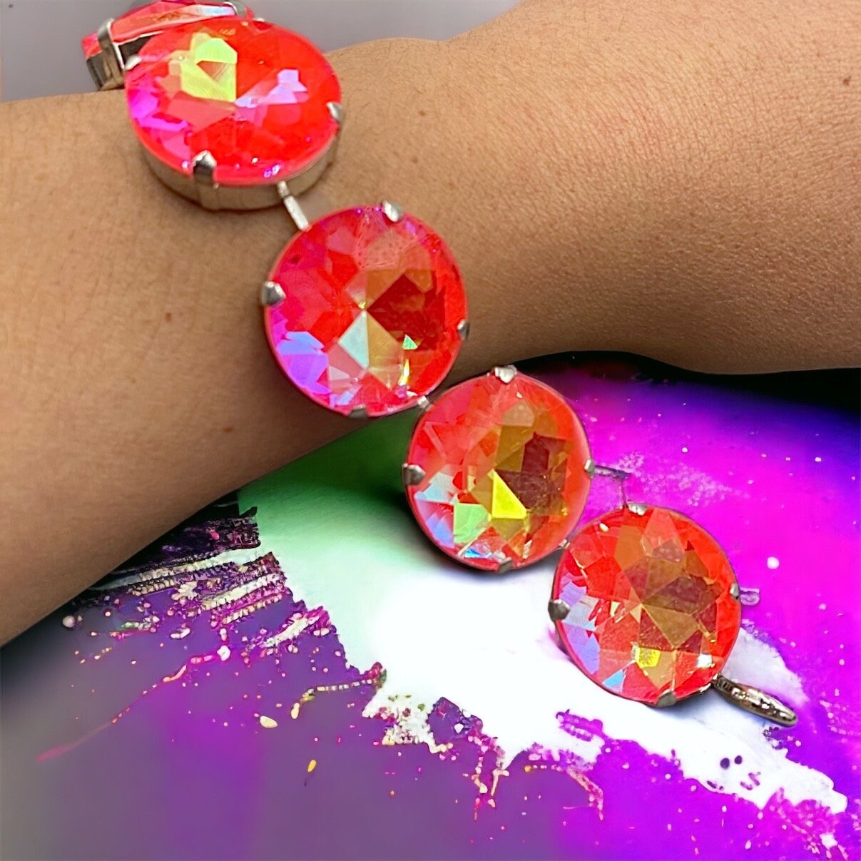 Coral Orange Chunky Crystal Bracelet | Strass Crystal Large Stone Bracelet | Imitation Jewels | Occasion Wear Jewellery | Adjustable Size