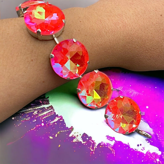 Coral Orange Chunky Crystal Bracelet | Strass Crystal Large Stone Bracelet | Imitation Jewels | Occasion Wear Jewellery | Adjustable Size