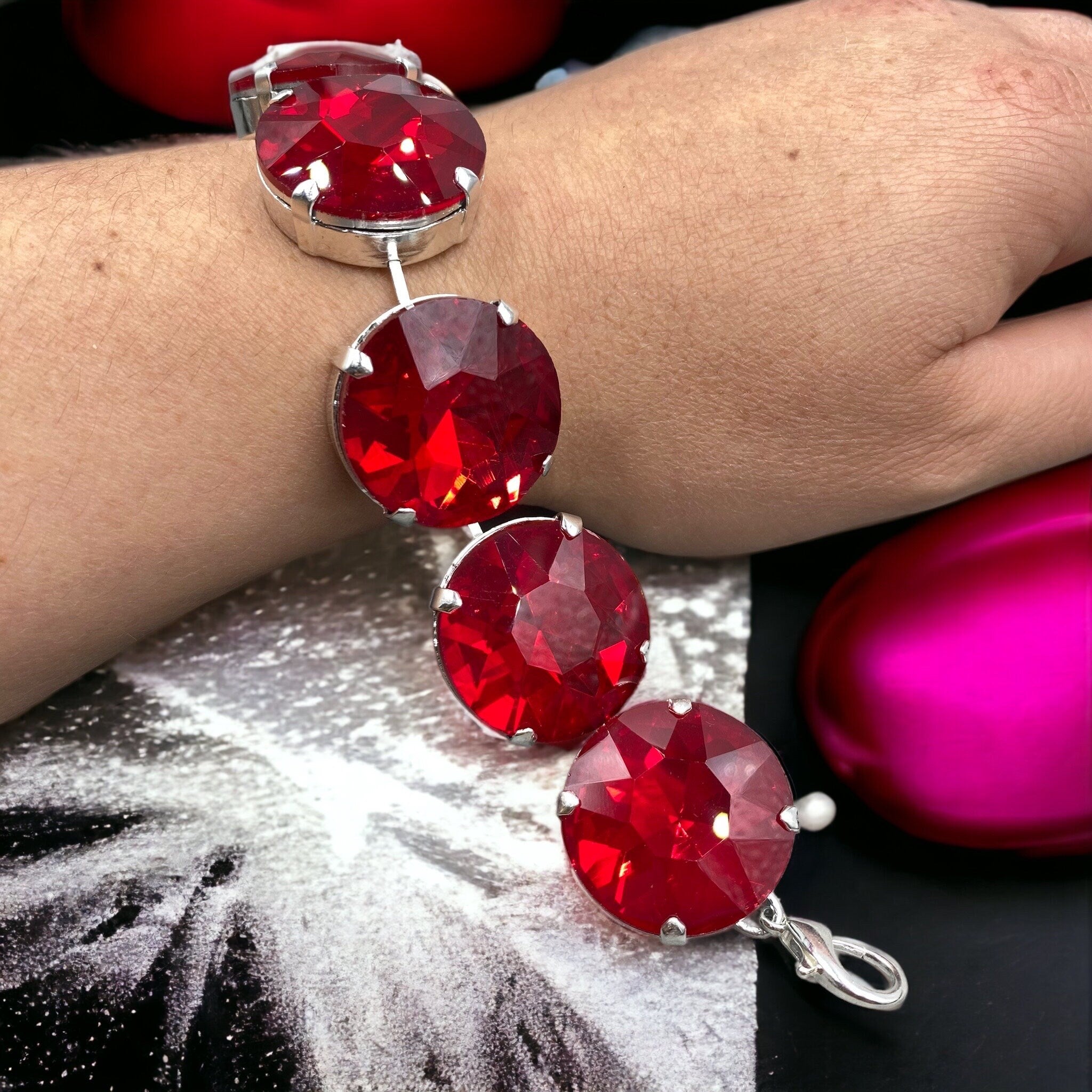 Ruby Red Crystal Bracelet | Green Crystal Large Stone Bracelet | Imitation Jewels | Occasion Wear Jewellery | Adjustable Size