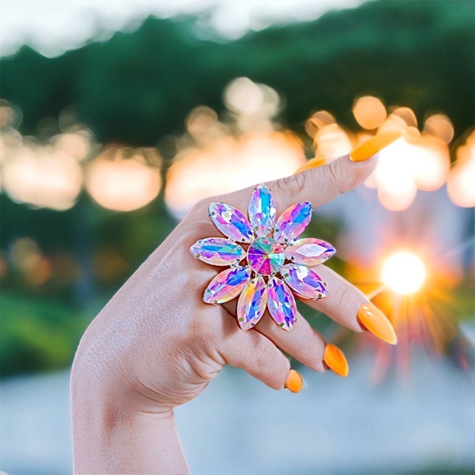 Frosty Crystal Dramatic Ring | Oversized Flower Style Adjustable Ring | Imitation Jewels Faux Diamond | Drag Queen Costume Jewellery