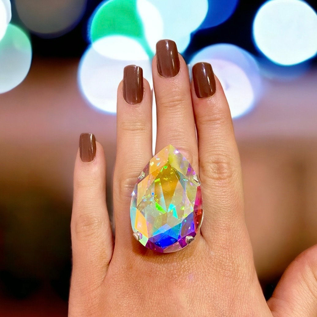 Extra Large Aurora Rainbow 40mm Teardrop Ring With Austrian Crystal