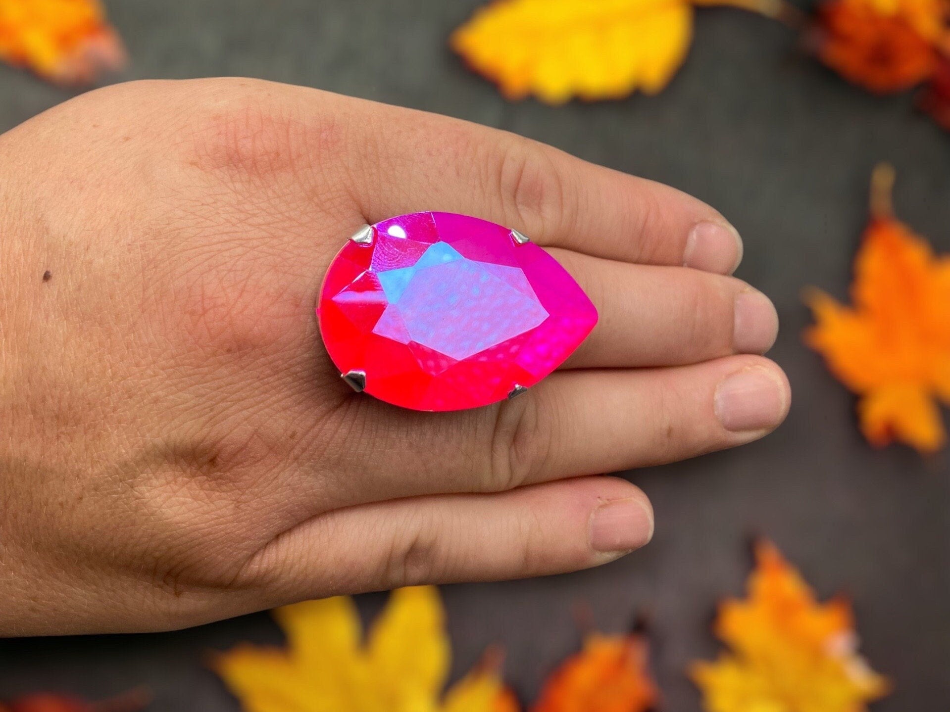 Flamingo Pink Oversized Faux Diamond 40mm Teardrop Ring