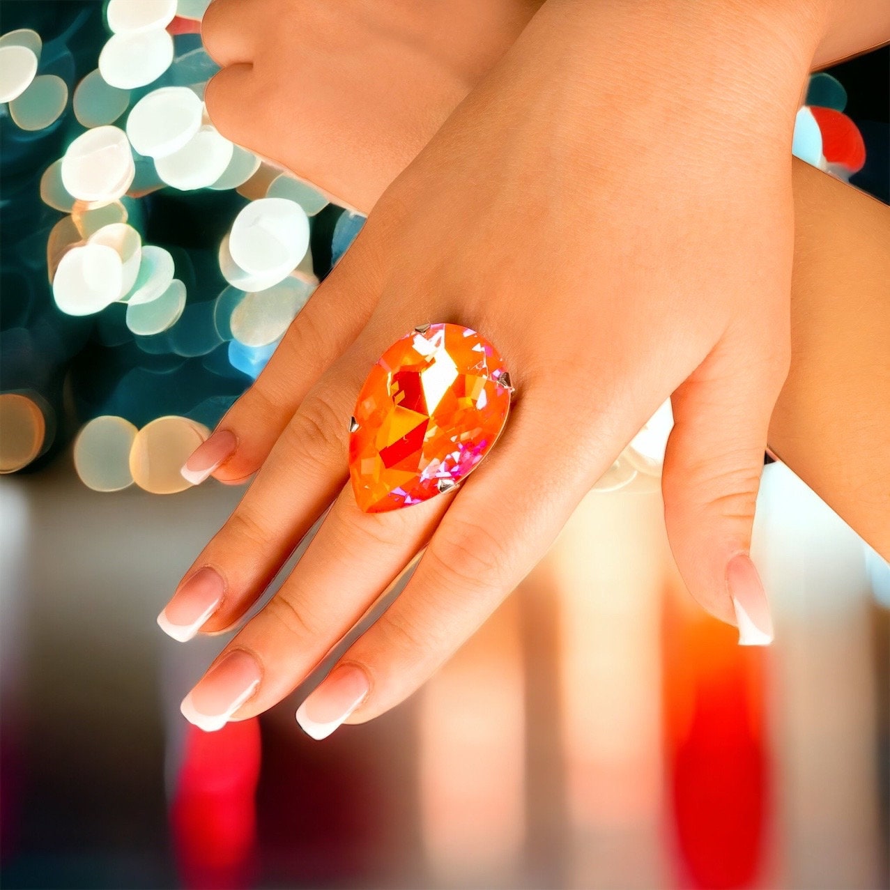 Bright Orange Crystal Teardrop Ring | 40x30mm Austrian Crystal | Imitation Jewels Faux Diamond |  Statement Dress Ring | Costume Jewellery