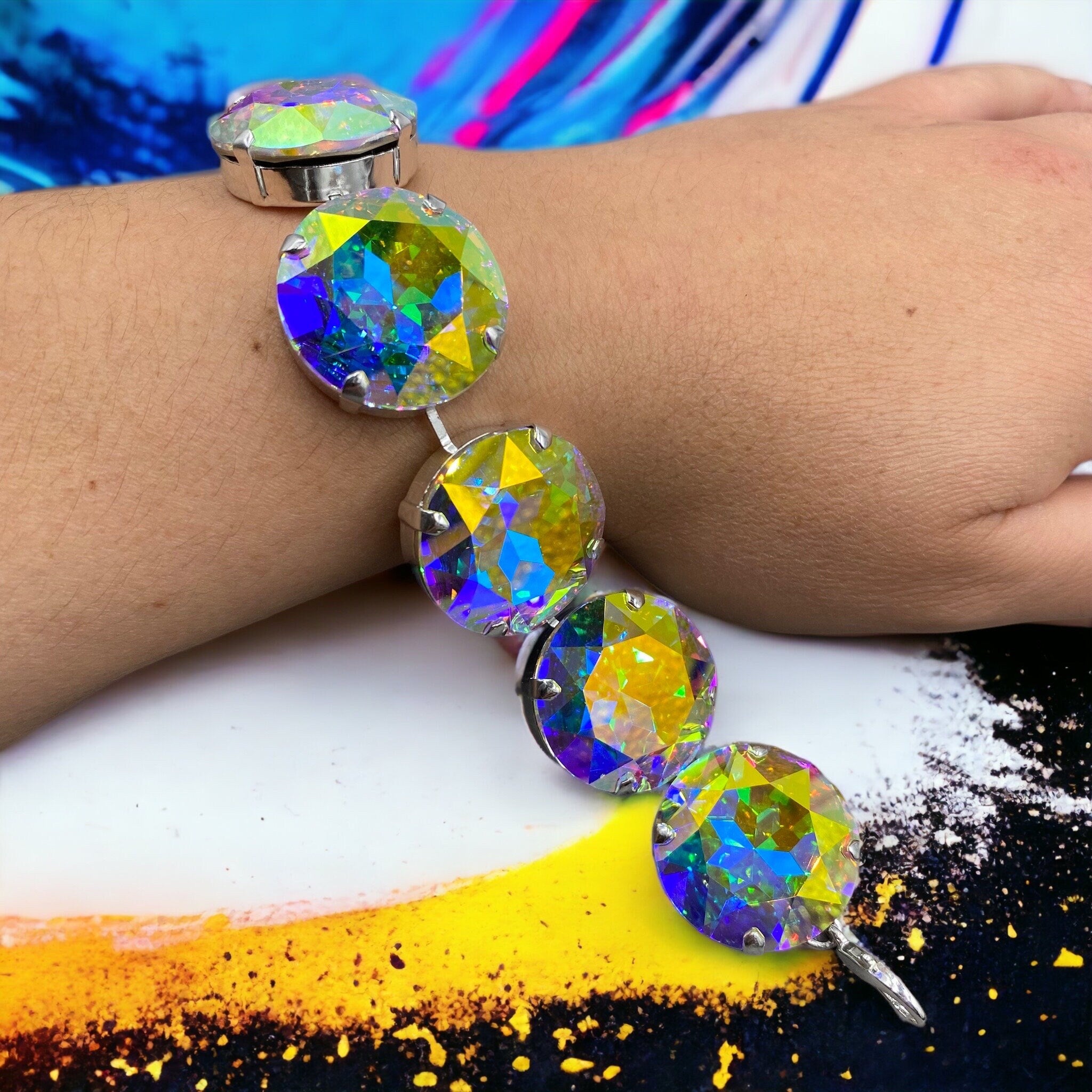 Statement Crystal Aurora Borealis Bracelet with Exaggerated 27mm Stones