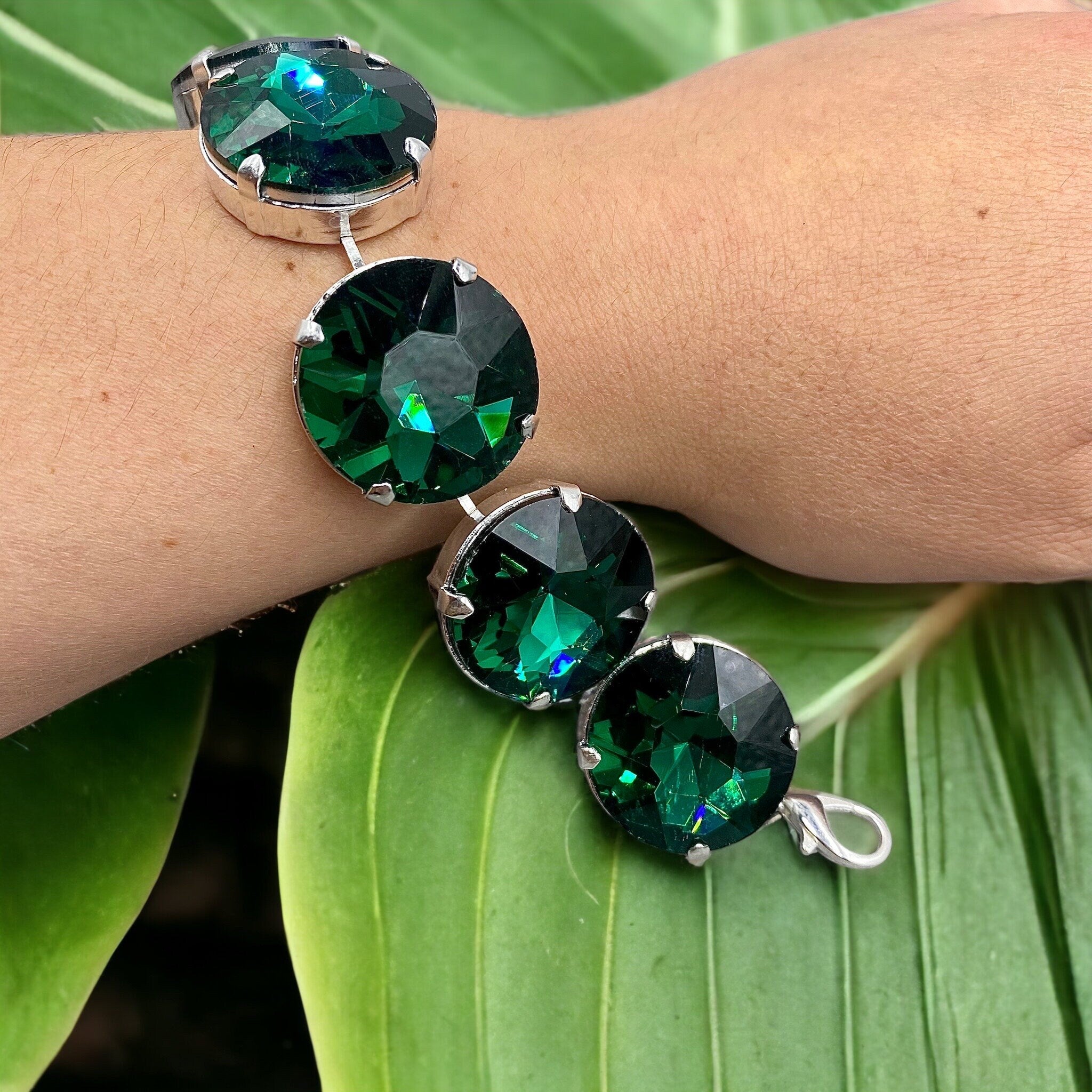 Emerald Green Crystal Bracelet | Green Crystal Large Stone Bracelet | Imitation Jewels | Occasion Wear Jewellery | Adjustable Size