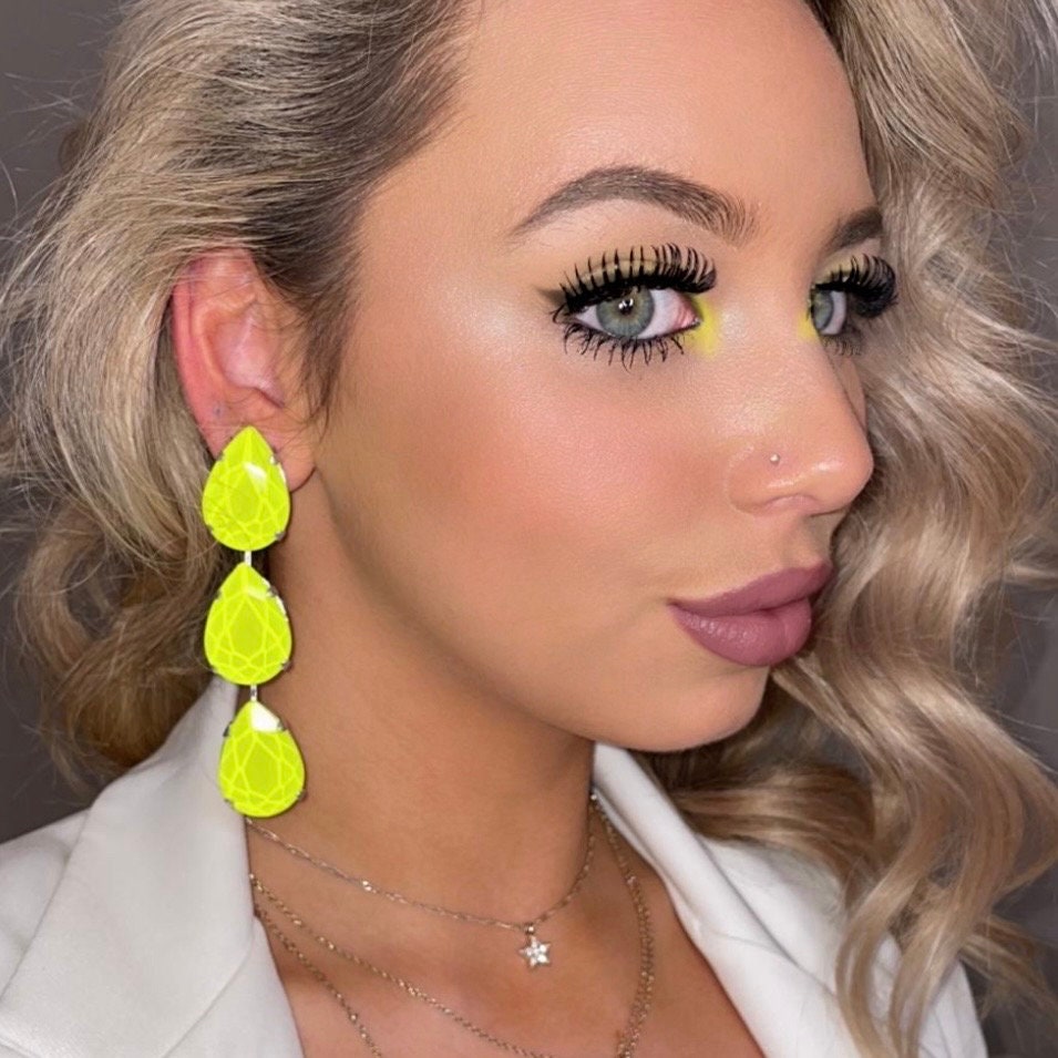 Neon Yellow Vibrant Teardrop Earrings With Austrian Crystal