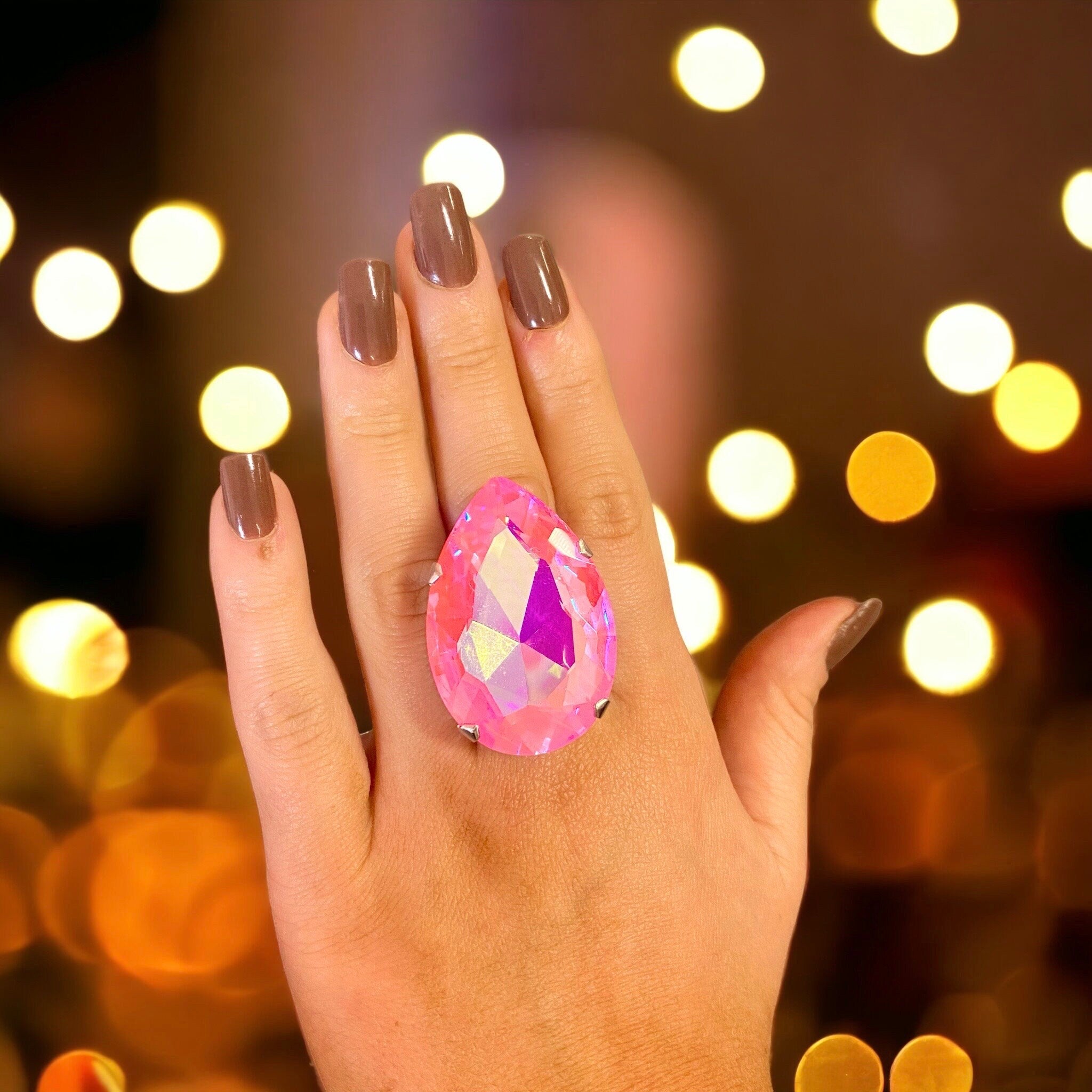 Dreamy Pink Solitaire Statement Cocktail Ring with 40mm Crystal