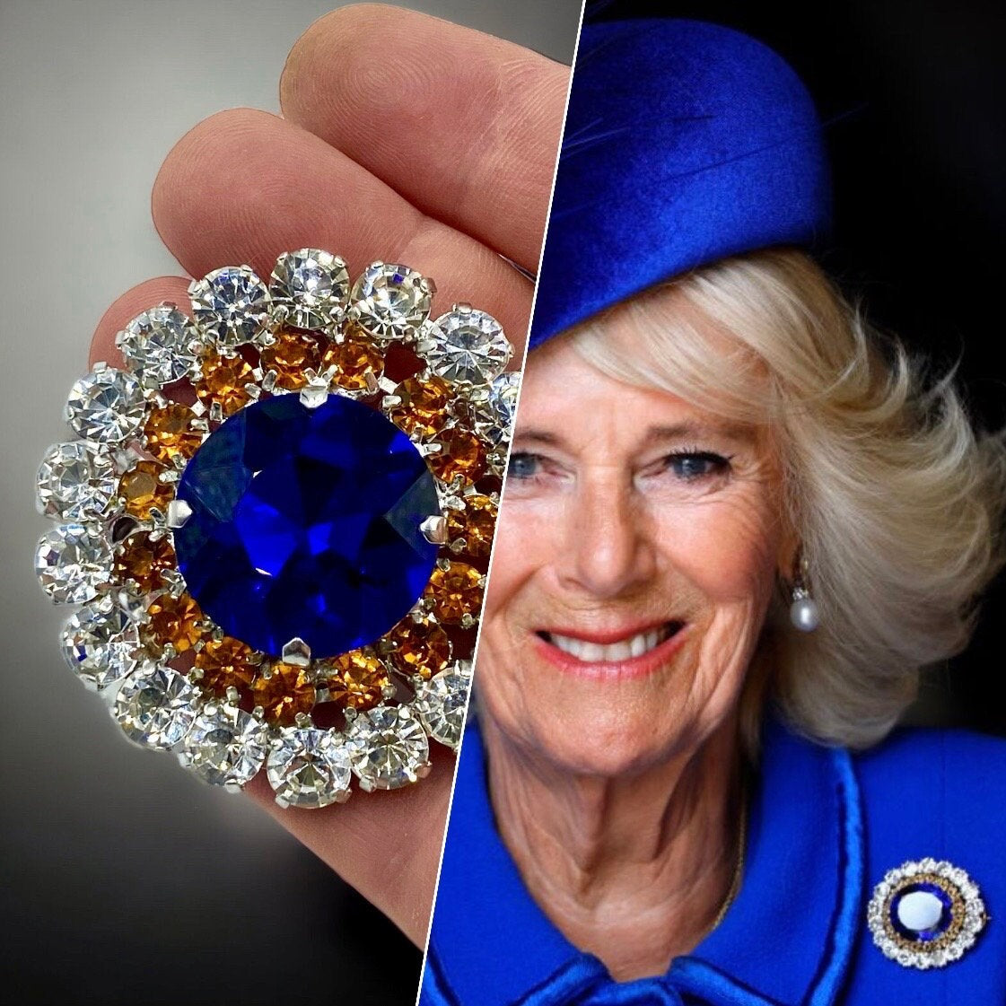 Queen Camilla Topaz & Sapphire Brooch With Austrian Crystal & Silver Plate