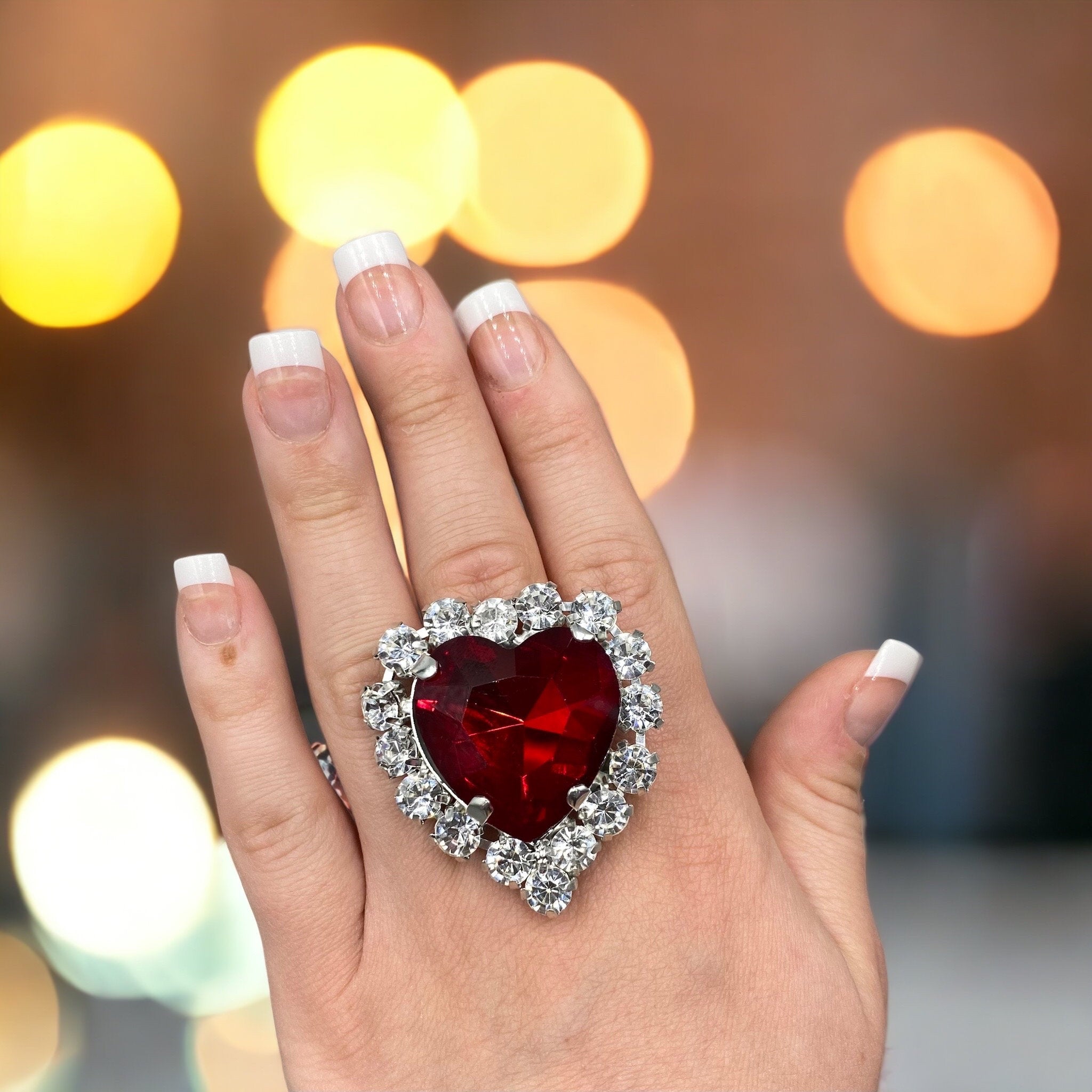 Siam Red Heart Crystal Encrusted Ring | Large Stone Edges in Clear Crystal | Adjustable Size | Imitation Jewels Faux Diamond | Love Heart