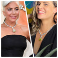 Two images side by side; the left side shows a woman wearing the Lady Gaga Oscars Austrian Crystal Necklace in silver tone with a yellow faux diamond, and the right side shows a close-up of the necklace's cushion-shaped centerpiece.